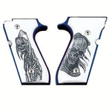 Beretta M9A1 pistol with custom white acrylic PMMA grips featuring engraved logo for enhanced grip and style.