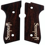 Beretta M9A1 custom walnut wood pistol grips with silver custom text for improved grip and aesthetic appeal.