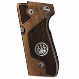 Walnut Beretta M9A1 custom pistol grips with silver logo and initials, designed for the Beretta 92FS handgun.