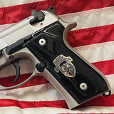 Black acrylic Beretta 92G custom pistol grips with silver custom logo for improved grip and style.