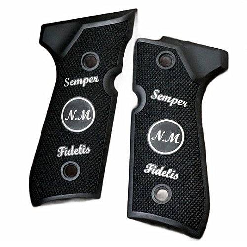 Beretta 92G grips made of Black Acrylic PMMA with Custom Logo made of Silver.