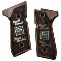 Beretta 92G grips made of walnut wood with custom Logo and text made of Brass.