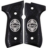 Beretta M9A1 custom grips made from black PMMA acrylic with a silver custom logo, designed for improved firearm handling.