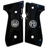 Beretta M9A1 pistol grips made of black acrylic PMMA with custom silver logos for enhanced grip and style.