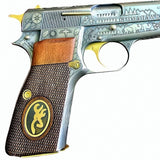 Walnut Browning Hi-Power pistol grips with brass logo, custom fit for enhanced grip and aesthetic appeal.