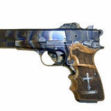 Walnut Browning Hi-Power custom pistol grips with engraved logo and text, designed for improved grip and style.