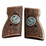 Browning 7.65 SLP 1 custom walnut wood grips with silver inlay logo for improved firearm handling and aesthetic appeal.