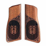 Walnut wood Browning Hi-Power custom pistol grips with engraved logo, designed for a sleek, personalized firearm upgrade.