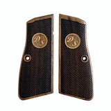 Browning Hi-Power custom walnut wood pistol grips with brass initials for a personalized firearm upgrade