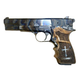 Walnut Browning Hi-Power custom pistol grips with engraved logo and text, designed for improved grip and classic style.