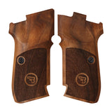 CZ 83 pistol grips by Bestpistolgrips, made of walnut wood with engraved custom logo, showcasing detailed craftsmanship.