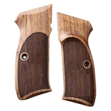 Walnut grips for CZ 75B pistol by Bestpistolgrips, showcasing textured wood surface and ergonomic design.