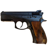 CZ P01 grips made of root walnut wood with waterlines, brass accents, and custom initials for CZ 75 Compact pistol.