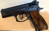 CZ P01 grips made of root walnut wood with waterlines and custom initials, featuring brass accents, designed for CZ 75 Compact pistol.