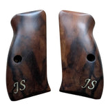 CZ P01 grips made of root walnut wood with waterline design and custom initials in silver for CZ 75 Compact pistol.