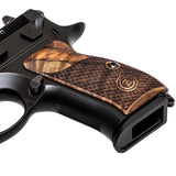 CZ P01 grips by Bestpistolgrips, made of root walnut wood with waterline design and custom engraved logo on the left side.