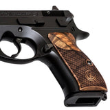 CZ P01 pistol grips made of Walnut wood with waterlines, engraved with custom logo, designed for CZ 75 Compact handgun.