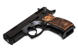 CZ P01 grips made of root walnut wood with waterlines and custom engraved logo, designed for CZ 75 compact pistol.