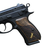 CZ P01 grips made of root walnut wood with waterlines and custom brass logo for CZ 75 compact pistol, by Bestpistolgrips.