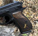 CZ P01 grips by Bestpistolgrips, made of root walnut wood with waterlines and brass logo, designed for CZ 75 compact pistols.