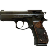 CZ P-01 custom pistol grips made of root walnut with silver initials, designed for enhanced grip and personalized style.