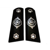 Black PMMA acrylic Colt 1911 custom pistol grips with silver custom logo, designed for enhanced grip and style.