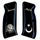 Cz P-01 custom grips made of black PMMA acrylic with silver and brass logo and text for a sleek, personalized pistol appearance.