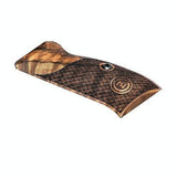 Cz P01 pistol grips made of deluxe root walnut with custom engraved logo for enhanced grip and aesthetic appeal.