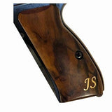 Cz P01 pistol grips made of root walnut with brass initials, custom-designed for best fit and aesthetic appeal.