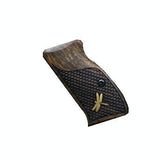 Cz P01 pistol grips made of root walnut with custom brass logo, designed for ergonomic handling and aesthetic appeal.