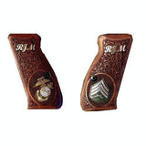 Cz P01 pistol grips made of rosewood with custom silver logo and text, designed for the Bestpistolgrips brand.