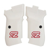 Cz 83 custom pistol grips made of white acrylic PMMA with engraved custom logo for improved grip and style.