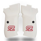 Cz 83 custom pistol grips made of white acrylic PMMA with engraved custom logo for enhanced grip and style.