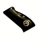 Black acrylic CZ 97 BD pistol grips with silver and brass custom logo for Bestpistolgrips, showcasing textured surface and ergonomic design.