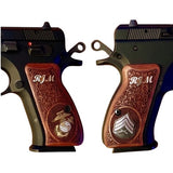 Cz P01 pistol grips made of rosewood with custom logo and silver accents, designed for ergonomic handling and aesthetic appeal.
