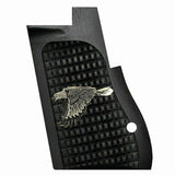 Black textured gun grip with a silver eagle emblem on a white background