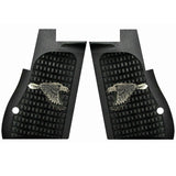 Black gun grip panels with eagle emblem on a white background