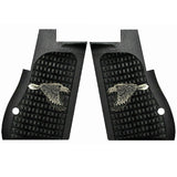 Black gun grip panels with eagle design on a white background