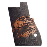 Desert Eagle custom pistol grips made of walnut wood with engraved logo, designed for ergonomic handling.