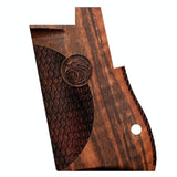 Walnut wood Desert Eagle custom pistol grips with engraved logo, designed for a stylish and comfortable grip.
