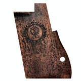 Walnut wood Desert Eagle custom pistol grips with engraved logo, designed for ergonomic handling and stylish firearm customization.