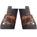 Walnutwood Desert Eagle custom pistol grips with engraved logo, designed for a sleek, ergonomic fit on the firearm.