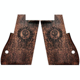 Walnutwood Desert Eagle custom pistol grips with engraved logo, designed for a sleek and stylish handgun upgrade.