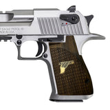 Walnutwood Desert Eagle custom pistol grips with brass logo from Bestpistolgrips, showcasing detailed craftsmanship and natural wood grain.