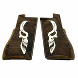 Custom walnutwood Desert Eagle pistol grips with silver logo from Bestpistolgrips, showcasing detailed wood grain and craftsmanship.
