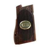 Desert Eagle Mark VII custom walnut wood grips with brass logo, designed for enhanced grip and aesthetic appeal.