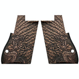 Walnut wood Desert Eagle custom pistol grips with engraved logo, designed for firearm personalization and improved grip.