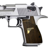 Custom walnut wood Desert Eagle pistol grips with brass logo from Bestpistolgrips, showing detailed grain and engraved logo.
