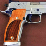 Sig Sauer P226 SAO custom grips made of rosewood, showcasing detailed wood grain and ergonomic design.