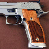 Sig Sauer P226 SAO custom grips made of rosewood by Bestpistolgrips, showing detailed wood grain and ergonomic design.